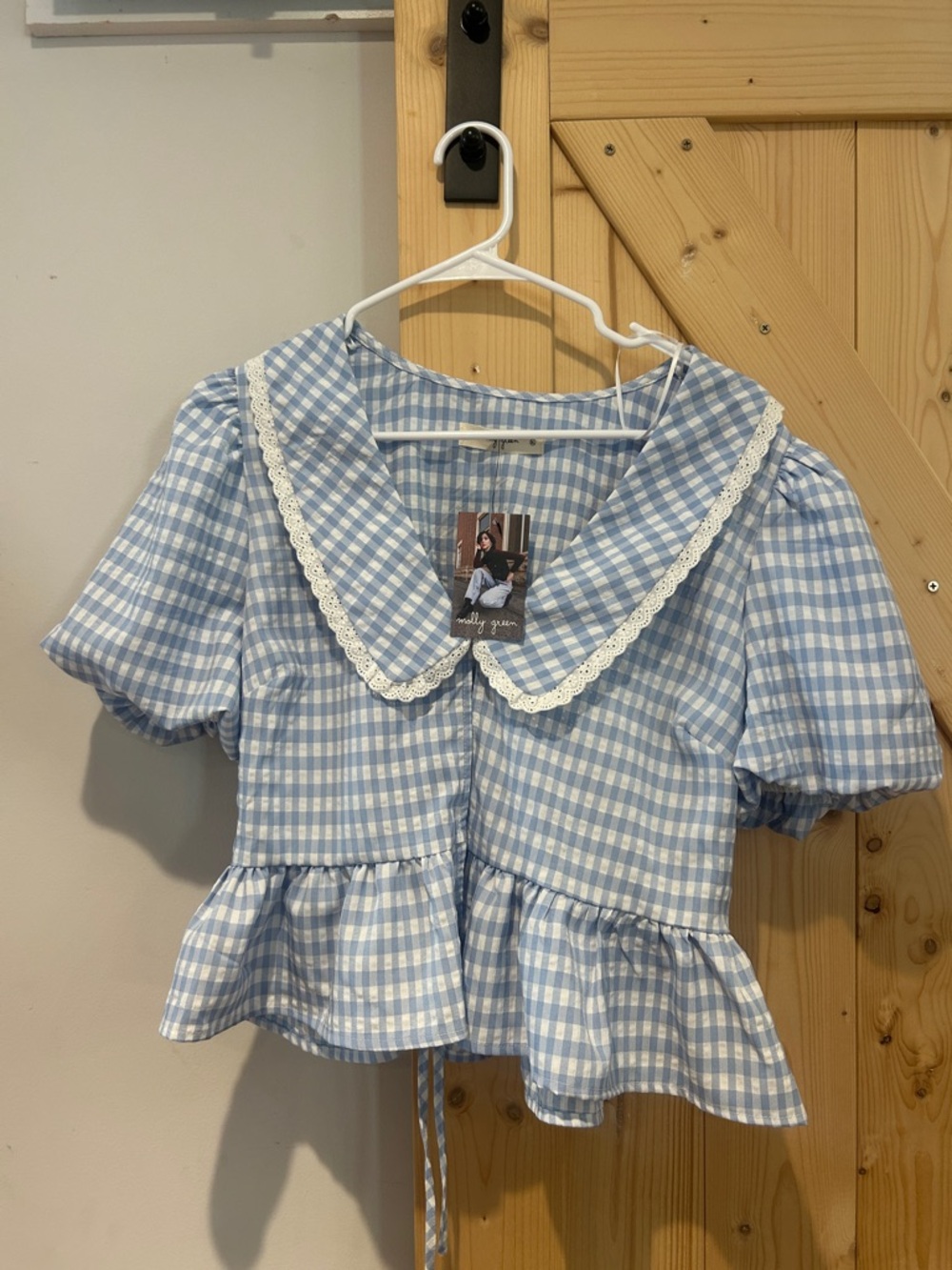 Girls Blue Gingham Peplum Top with Lace Collar